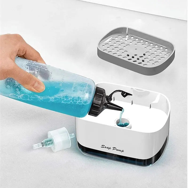 Automatic Soap Dispenser with Sponge Holder for Kitchen, Refillable Soap Container with Drain, Convenient Cleaning Tool